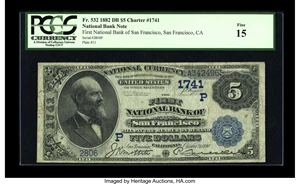 image for: San Francisco, CA - $5 1882 Date Back Fr. 532 The First NB Ch. # (P)1741...