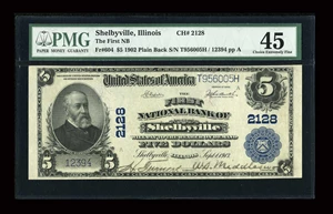 image for: Shelbyville, IL - $5 1902 Plain Back Fr. 604 The First NB Ch. # 2128...