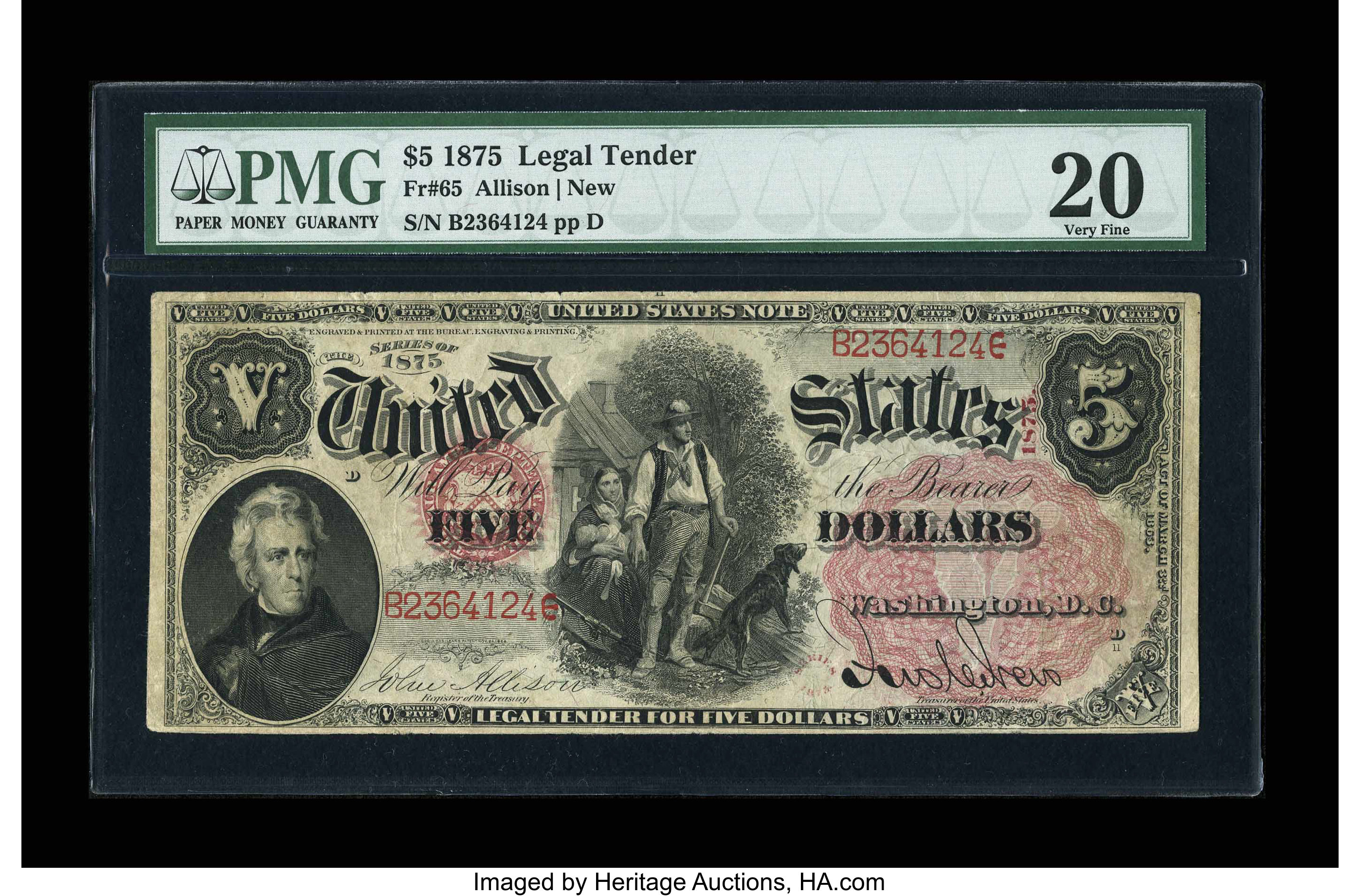 image for: Fr. 65 $5 1875 Legal Tender PMG Very Fine 20....