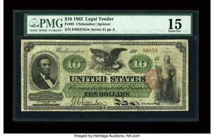 image for: Fr. 95 $10 1863 Legal Tender PMG Choice Fine 15....