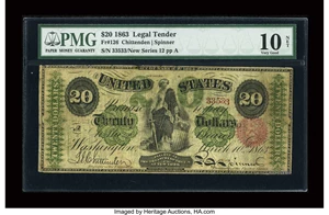 image for: Fr. 126 $20 1863 Legal Tender PMG Very Good 10 Net....