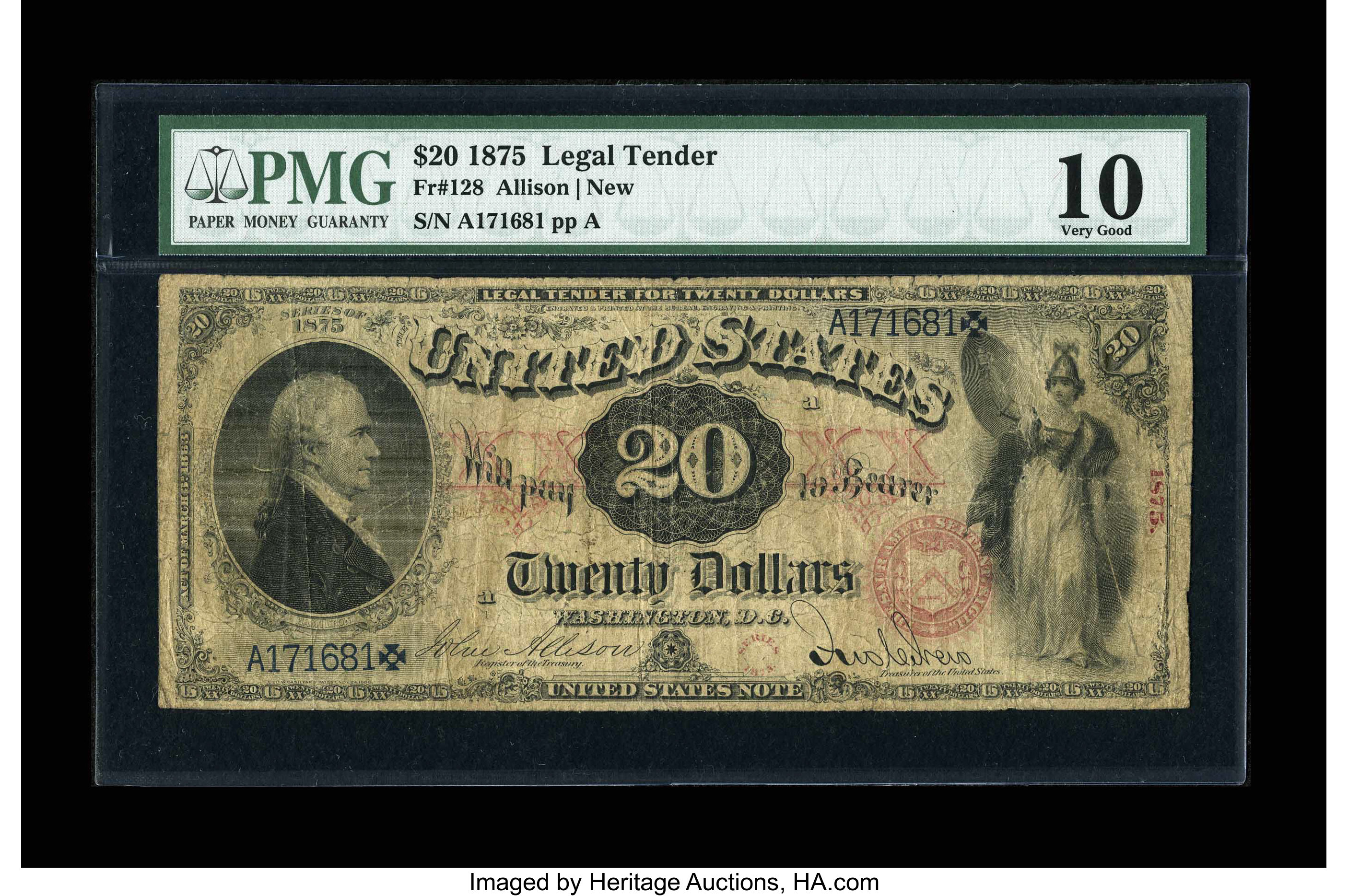 image for: Fr. 128 $20 1875 Legal Tender PMG Very Good 10....