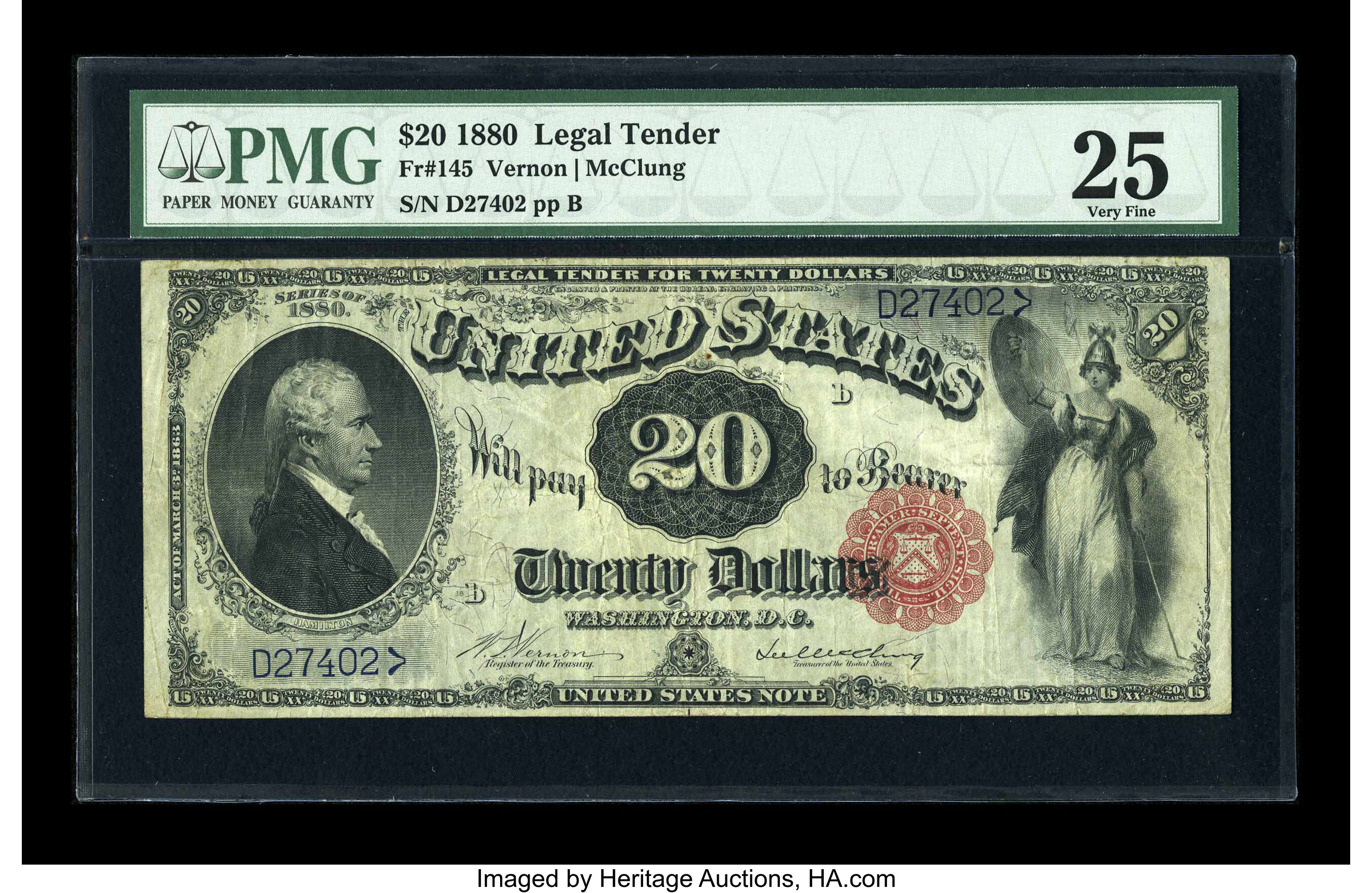 image for: Fr. 145 $20 1880 Legal Tender PMG Very Fine 25....