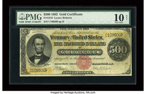 image for: Fr. 1216 $500 1882 Gold Certificate PMG Very Good 10 Net....