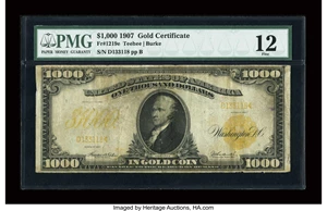 image for: Fr. 1219e $1000 1907 Gold Certificate PMG Fine 12....