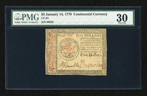 image for: Continental Currency January 14, 1779 $5 PMG Very Fine 30....