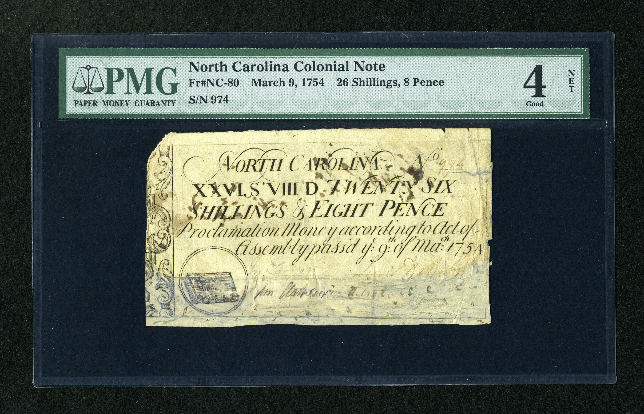image for: North Carolina March 9, 1754 26s/8d PMG Good 4 Net....