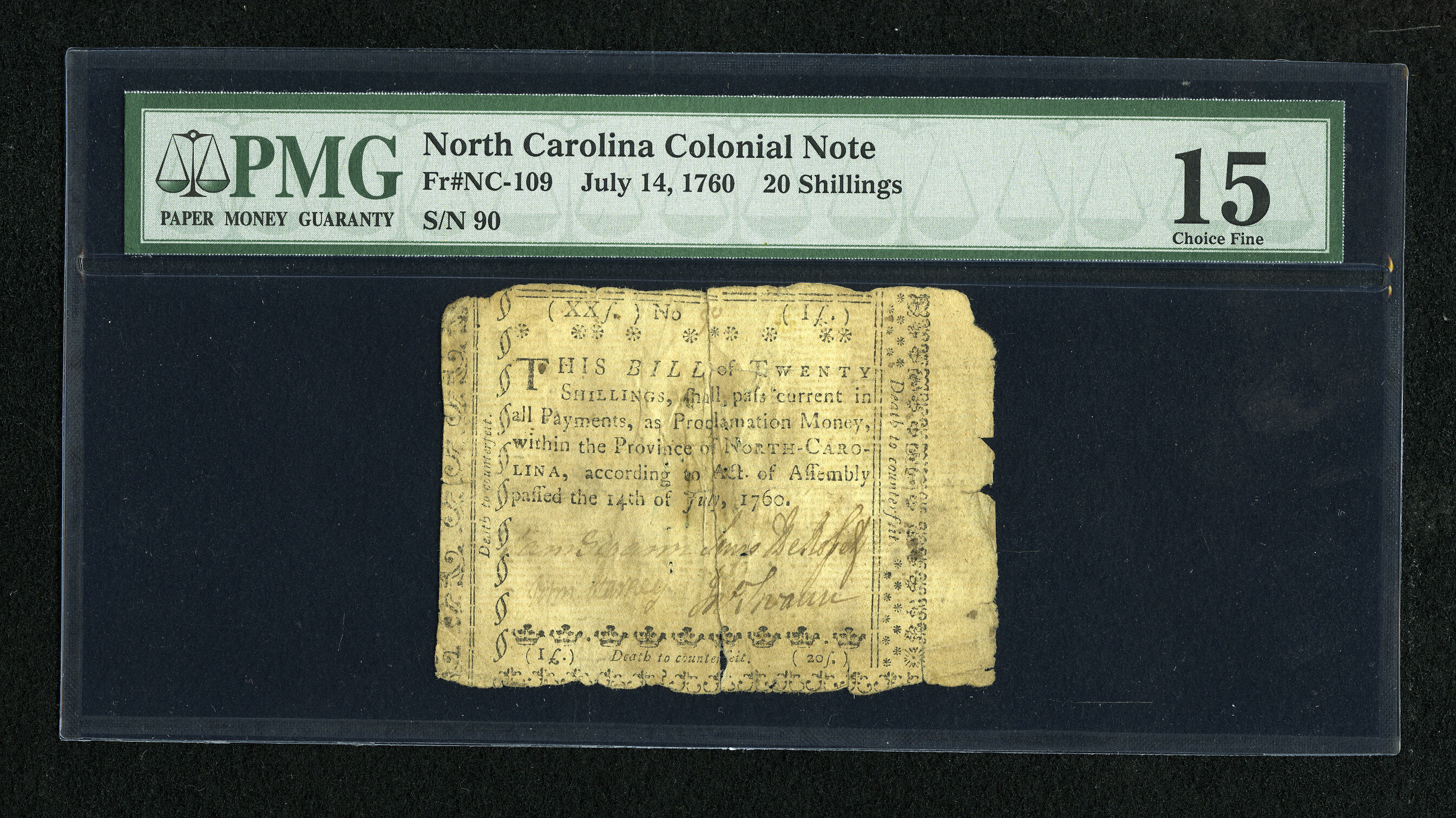 image for: North Carolina July 14, 1760 20s PMG Choice Fine 15....