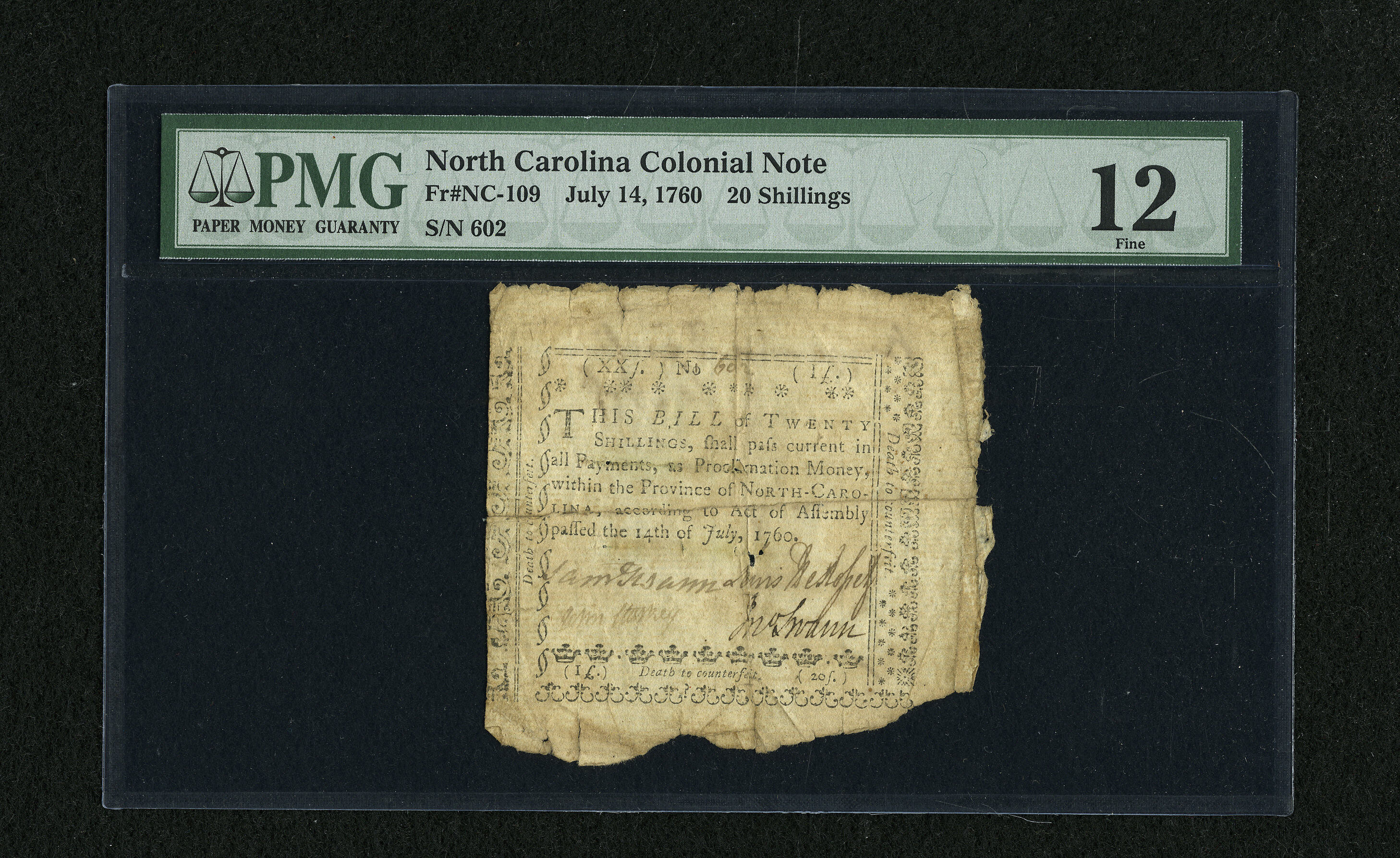 image for: North Carolina July 14, 1760 20s PMG Fine 12....