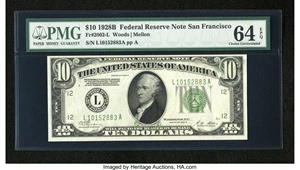 image for: Fr. 2002-L $10 1928B Dark Green Seal Federal Reserve Note. PMG Choice Uncirculated 64 EPQ....