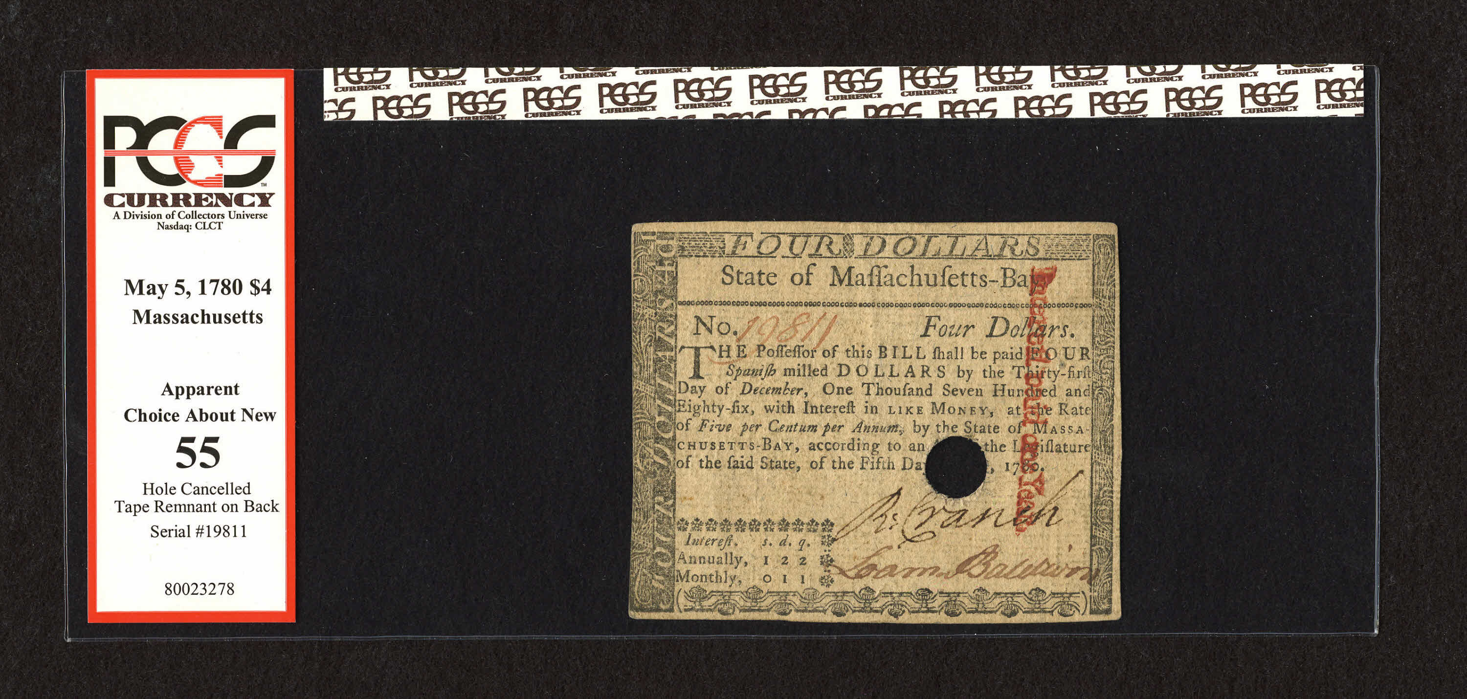 image for: Massachusetts May 5, 1780 $4 PCGS Apparent Choice About New 55....
