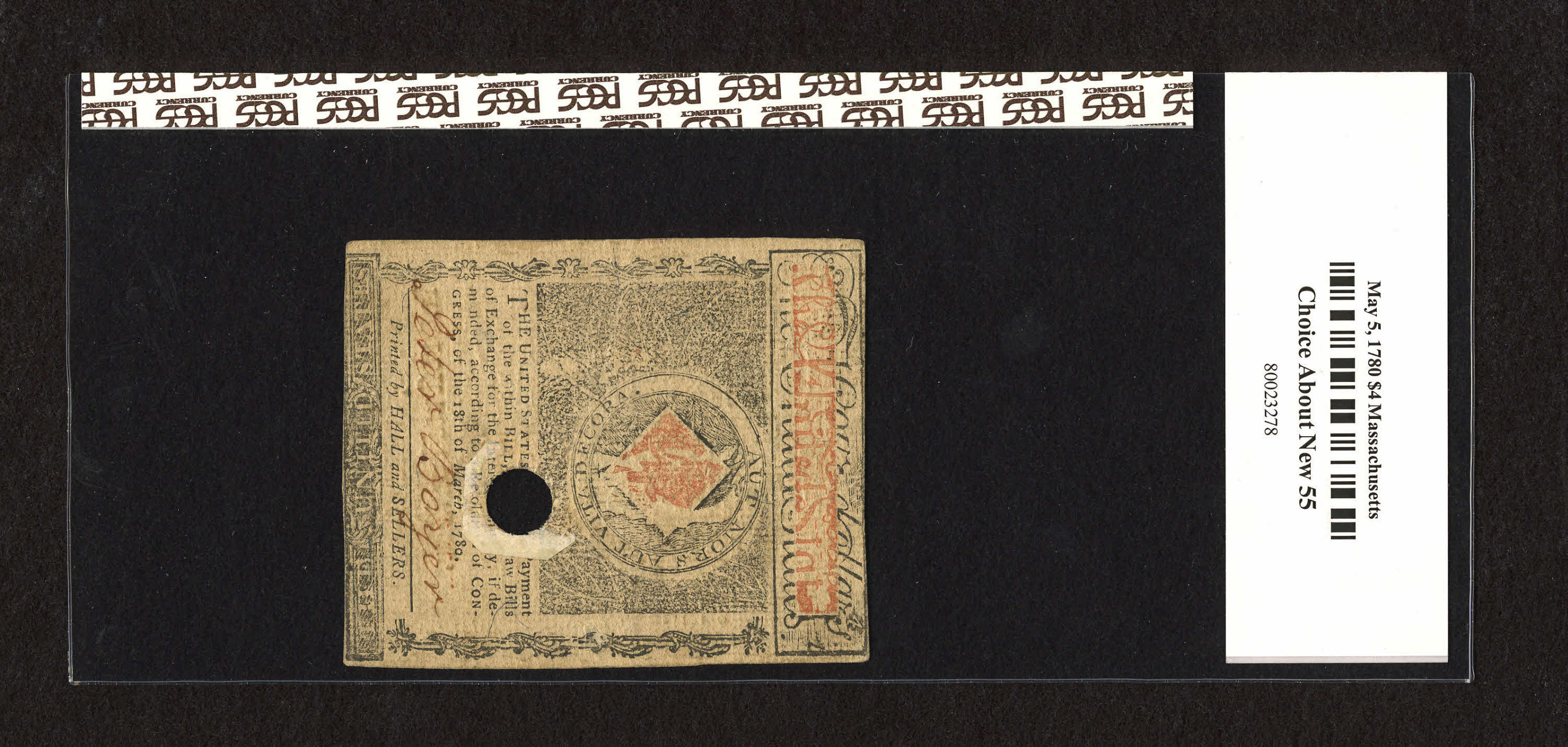 image for: Massachusetts May 5, 1780 $4 PCGS Apparent Choice About New 55....