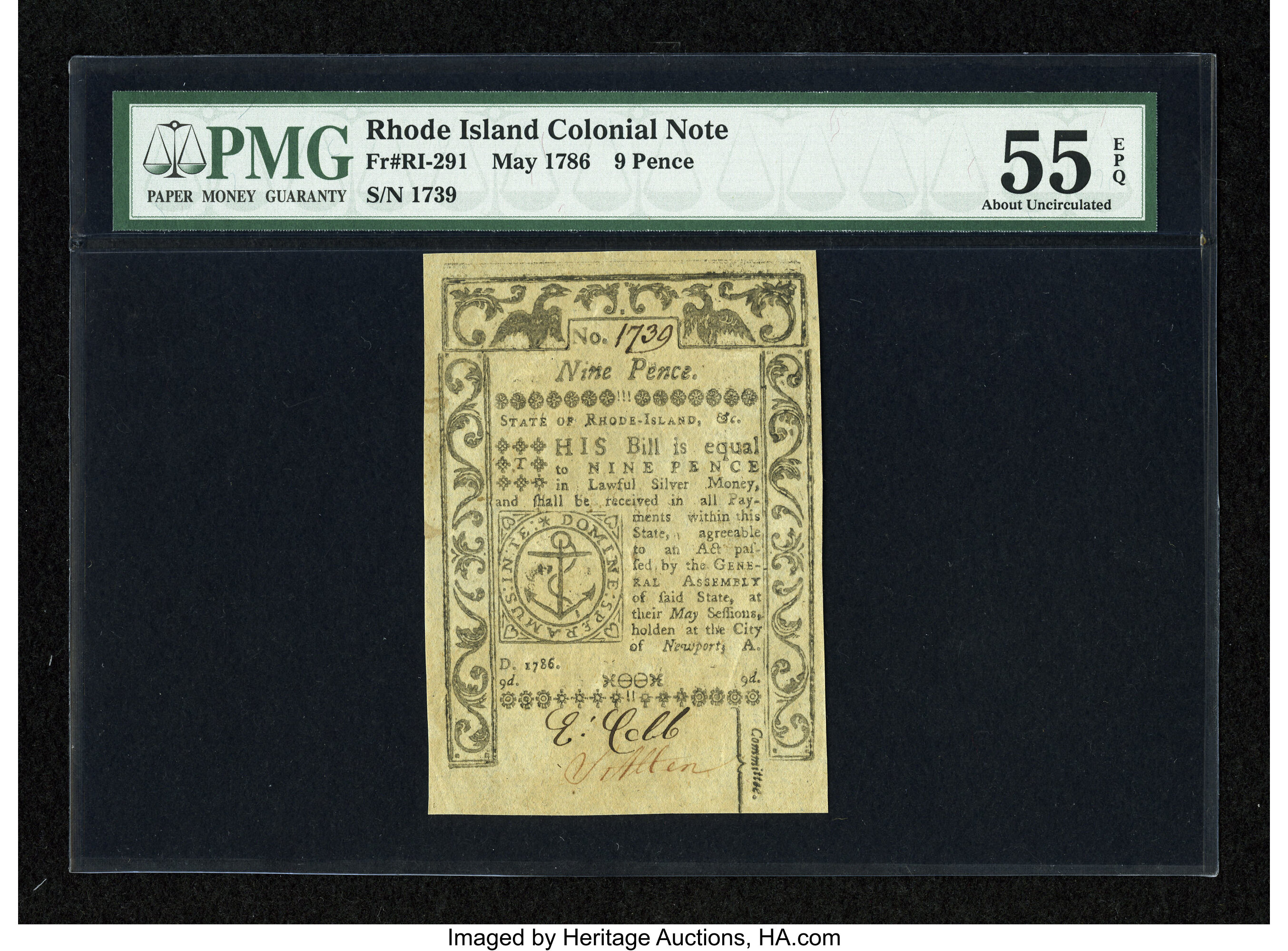 image for: Rhode Island May 1786 9d PMG About Uncirculated 55 EPQ....