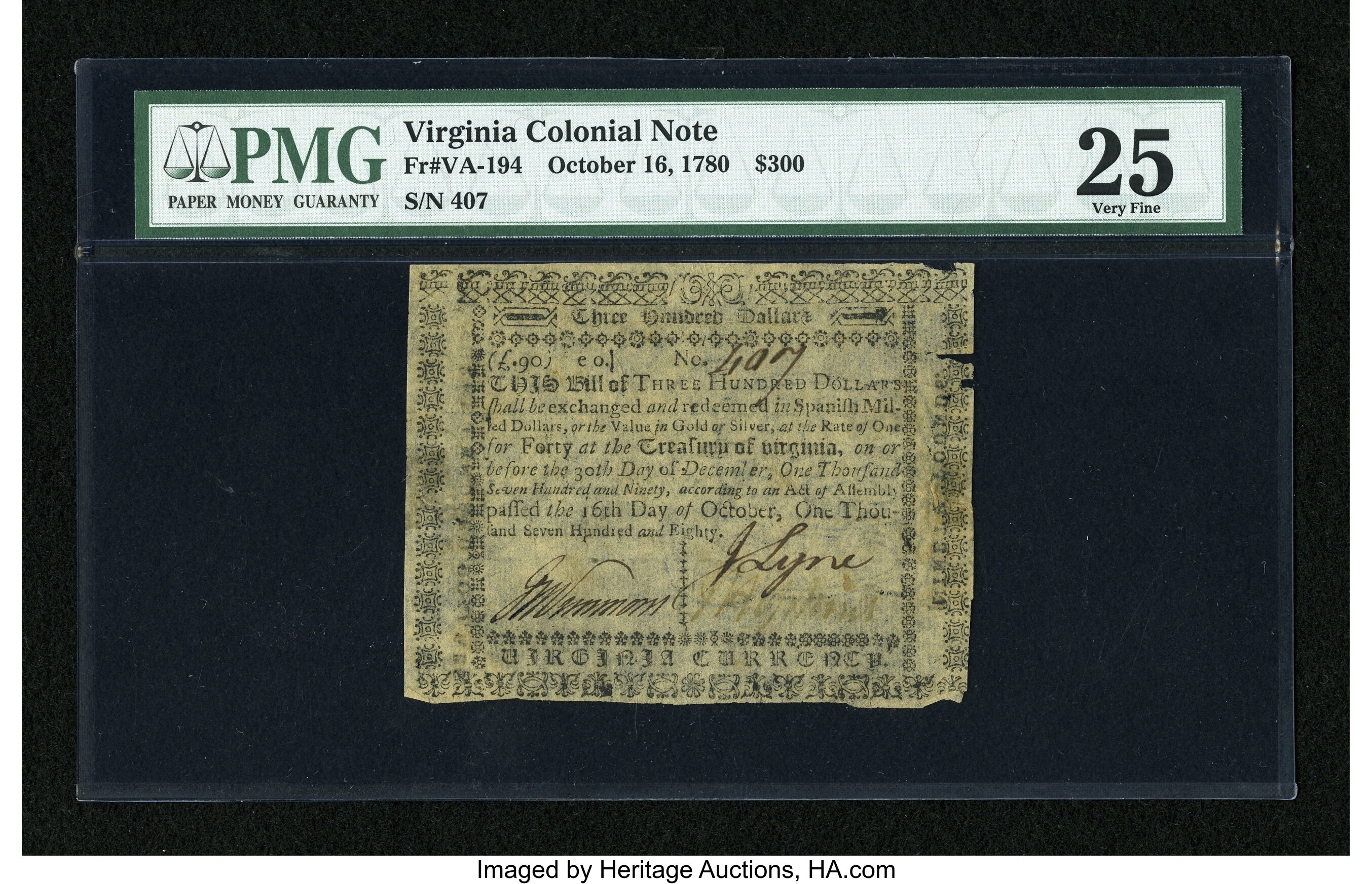 image for: Virginia October 16, 1780 $300 PMG Very Fine 25....