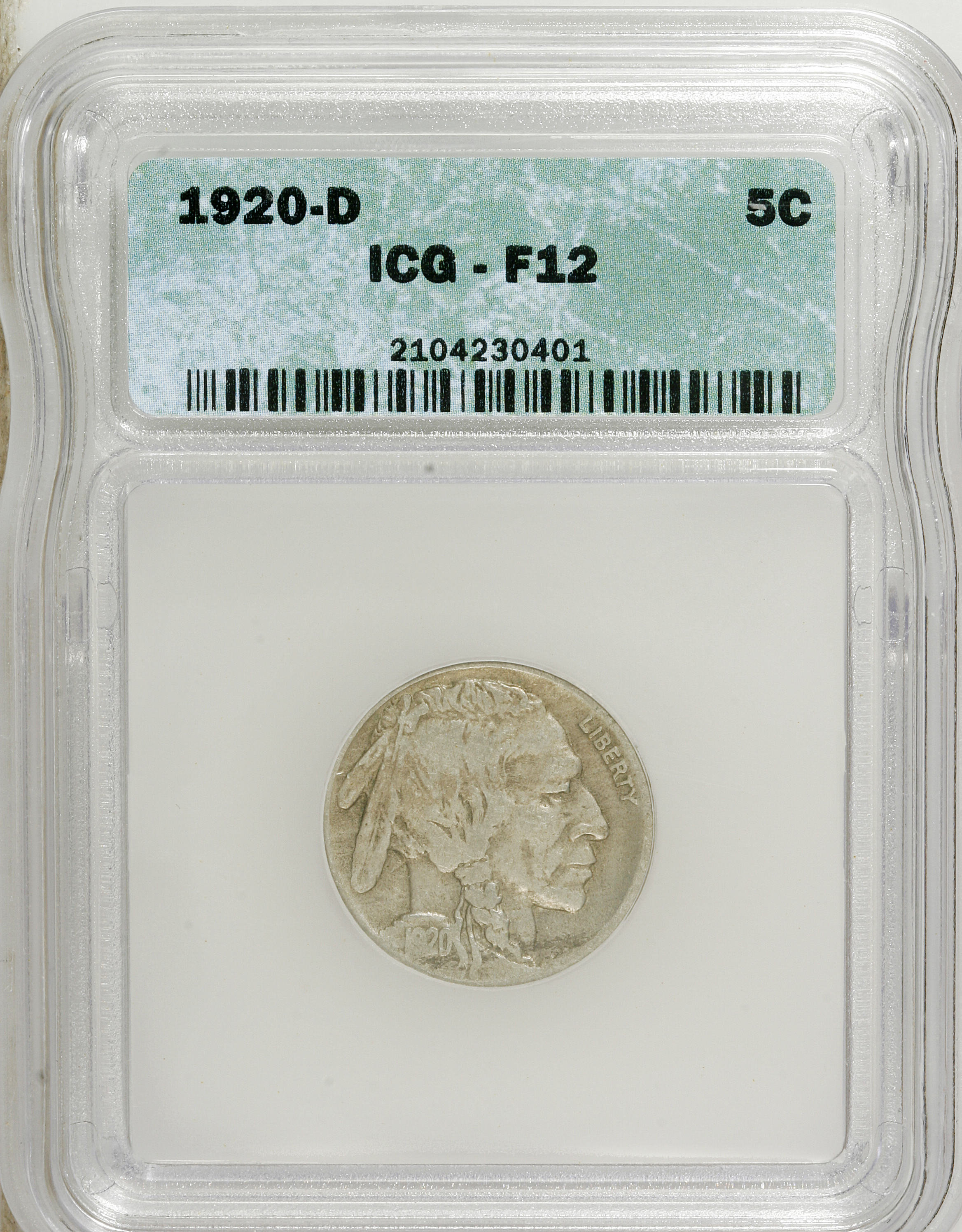 1920-D 5C F12 ICG. NGC Census: (8/483). PCGS Population (4/617). Mintage: 9,418,000. Numismedia Wsl. Price for NGC/PCGS coi...
