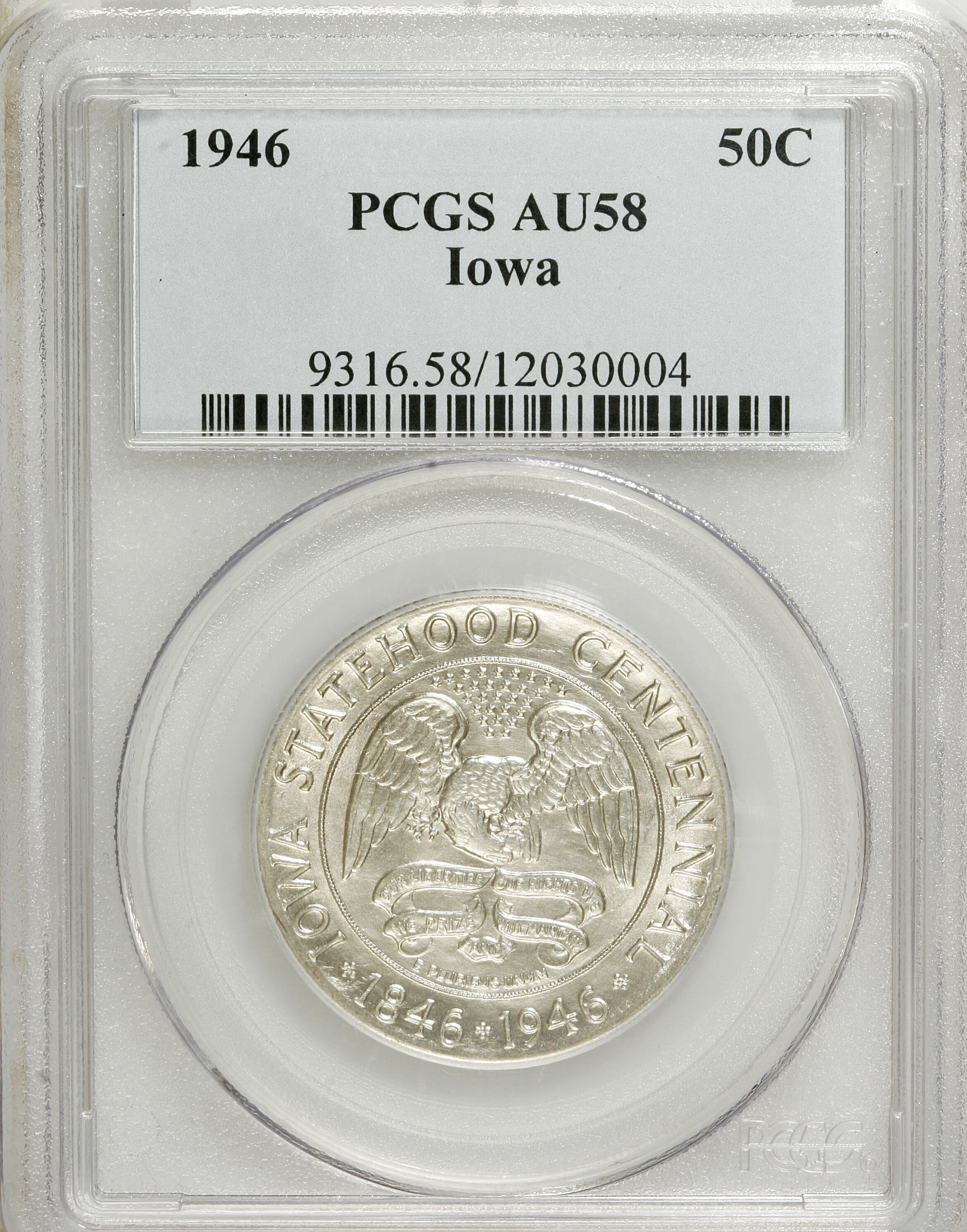 1946 50C Iowa AU58 PCGS. PCGS Population (15/8346). NGC Census: (1/5065). Mintage: 100,057. Numismedia Wsl. Price for NGC/P...