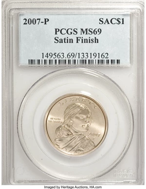 image for: 2007-P SAC$1 Satin Finish MS69 PCGS. PCGS Population (313/0). NGC Census: (0/0). Numismedia W...