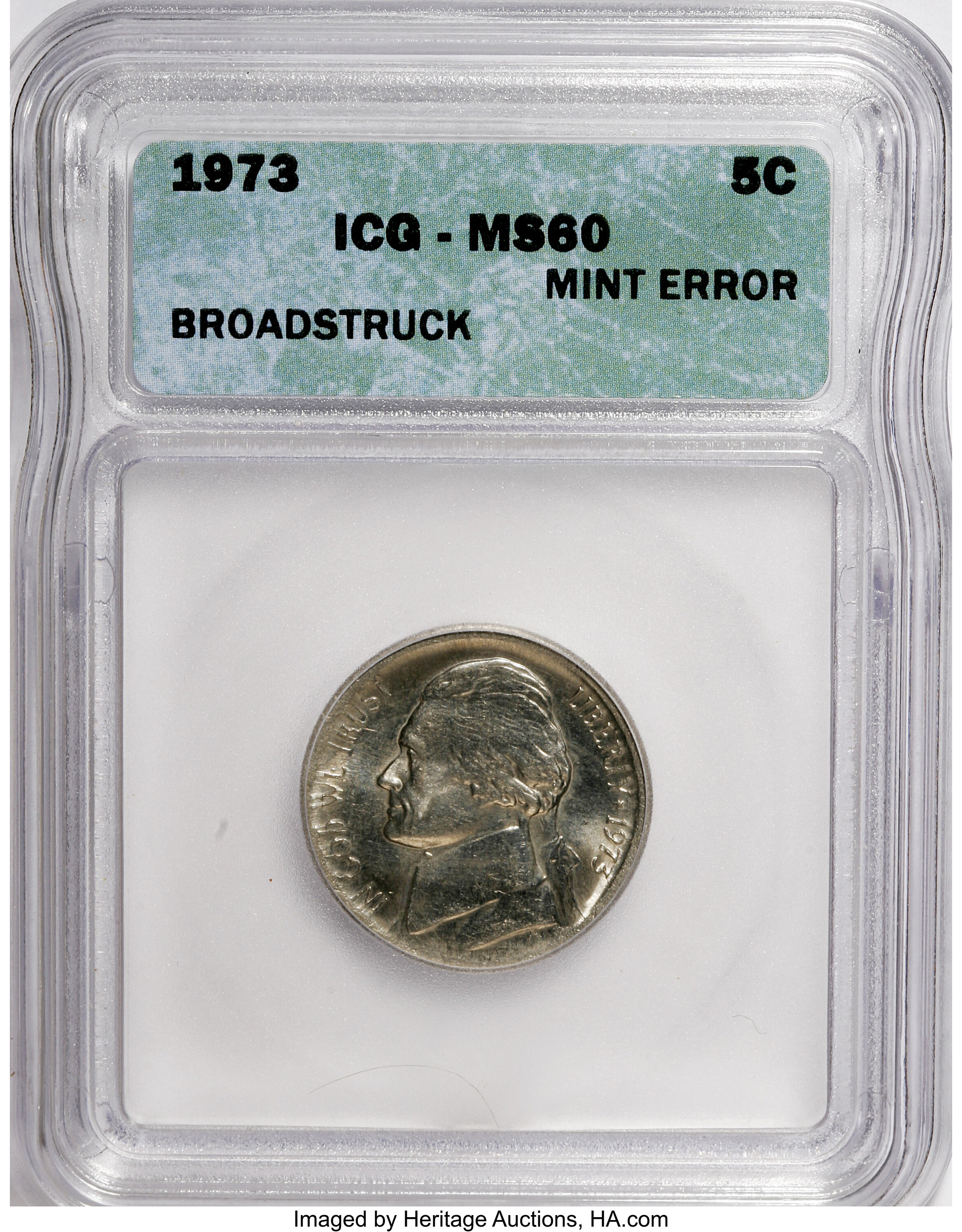 image for: 1973 5C Jefferson Nickel Broadstruck MS60 ICG. ...