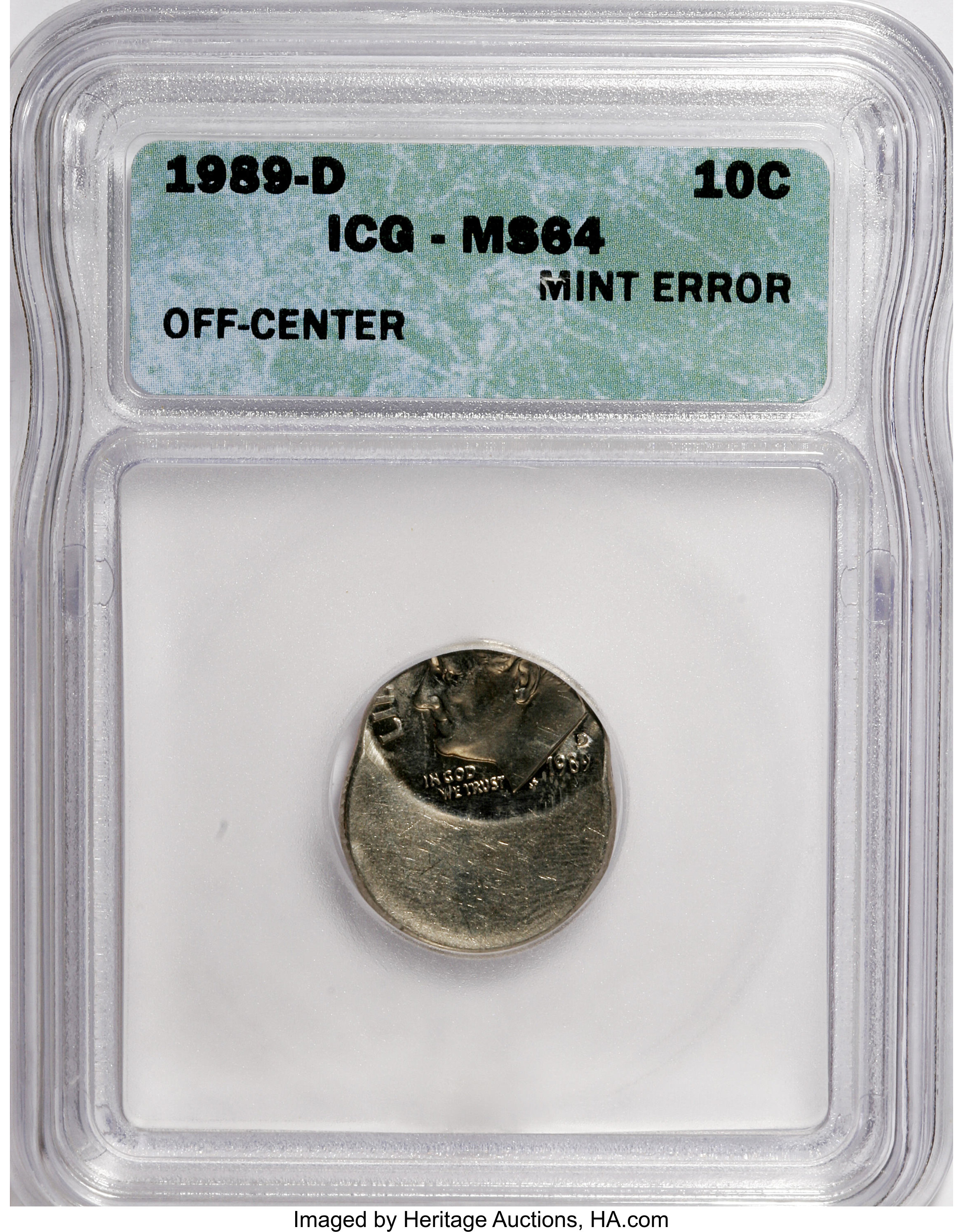 image for: 1989-D 10C Roosevelt Dime Off Center MS64 ICG. ...