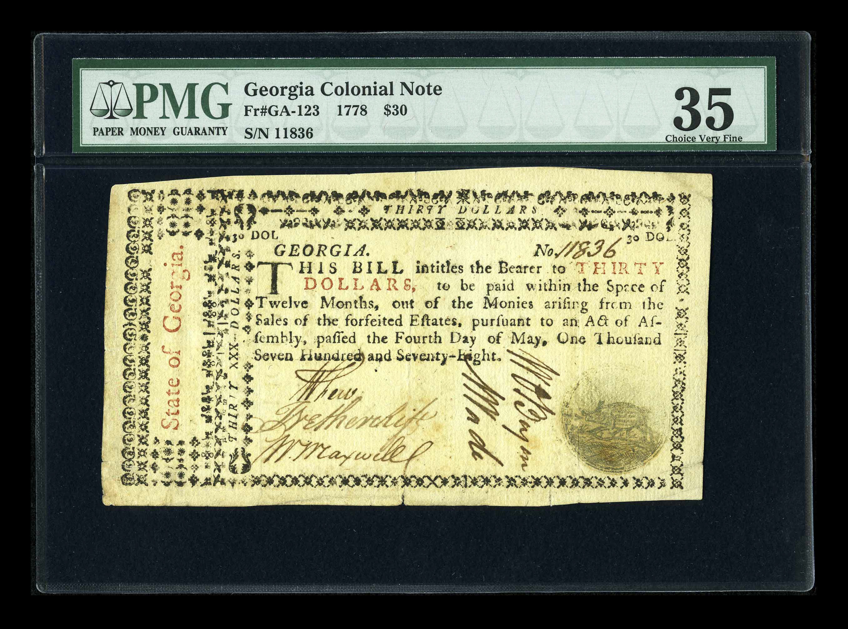 image for: Georgia May 4, 1778 $30 PMG Choice Very Fine 35....