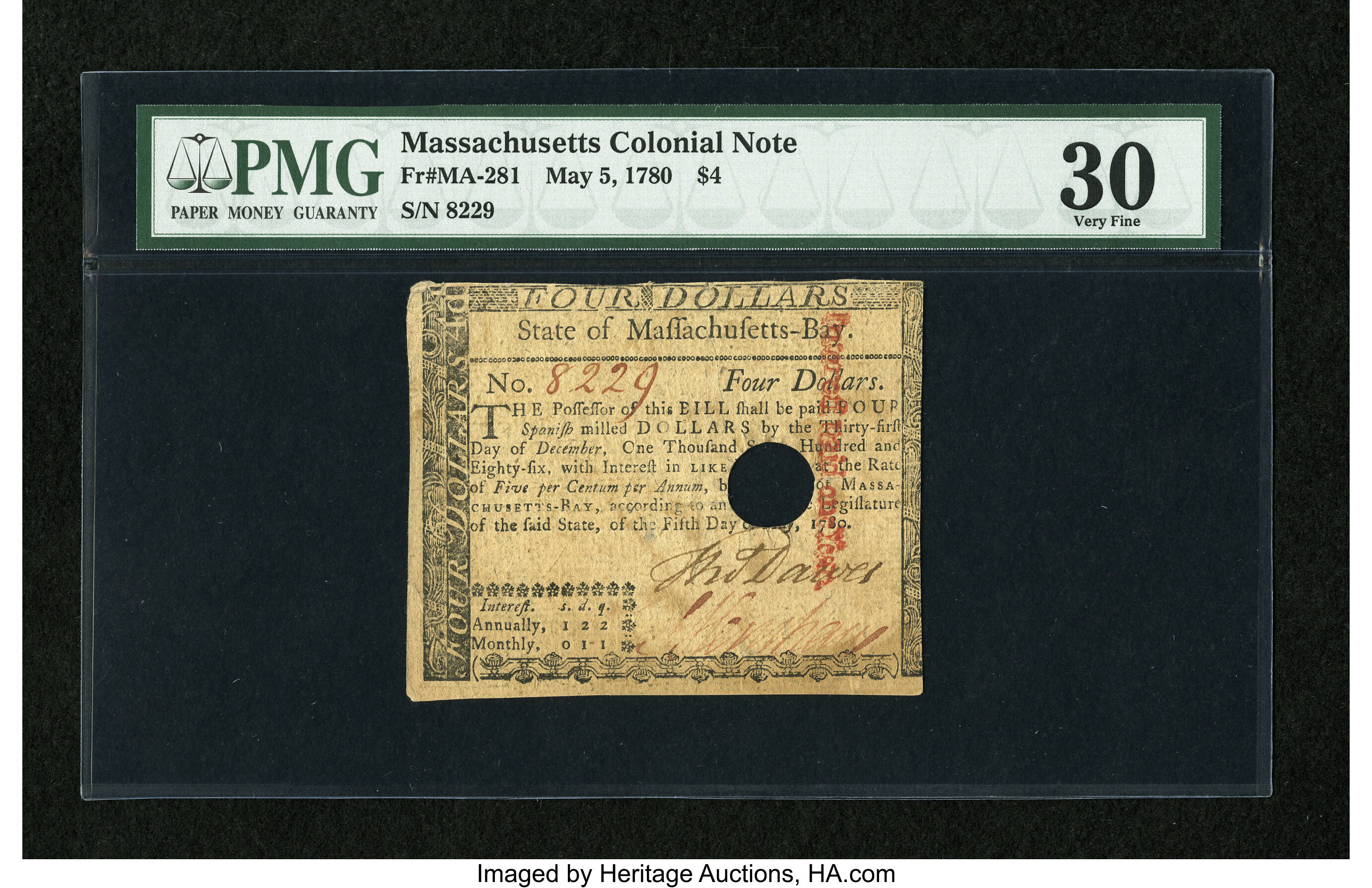 image for: Massachusetts May 5, 1780 $4 PMG Very Fine 30....