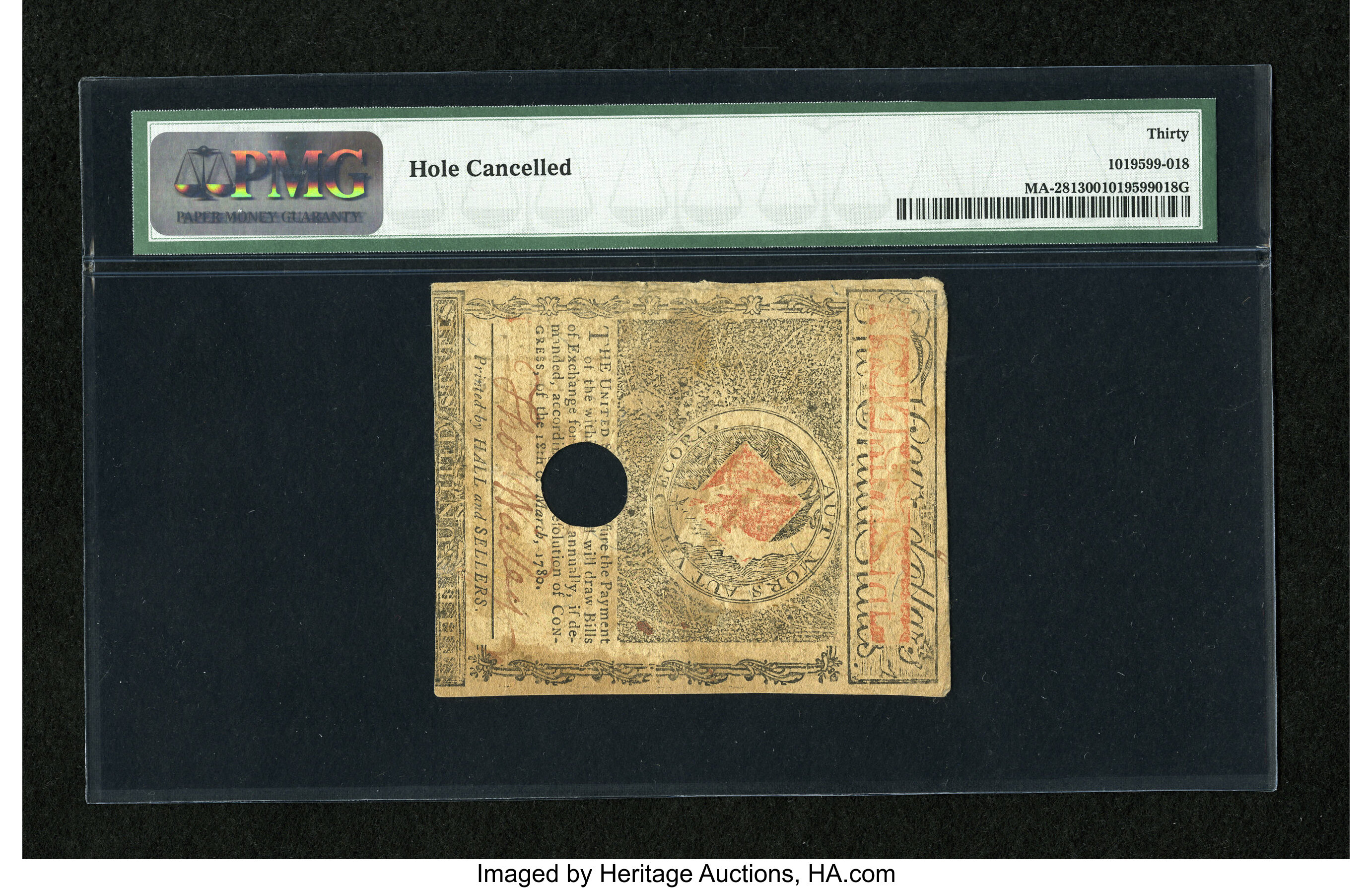 image for: Massachusetts May 5, 1780 $4 PMG Very Fine 30....