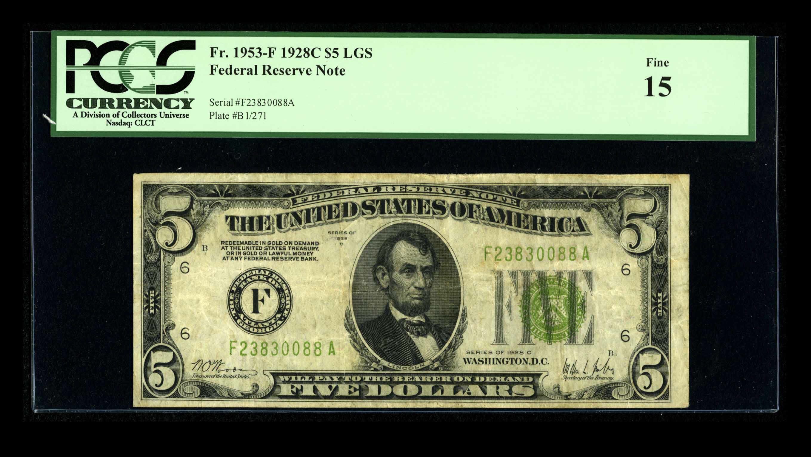 image for: Fr. 1953-F $5 1928C Federal Reserve Note. PCGS Fine 15....