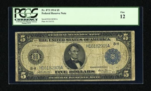 image for: Fr. 873 $5 1914 Federal Reserve Note PCGS Fine 12....