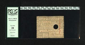 image for: Massachusetts May 5, 1780 $2 PCGS Very Fine 20....