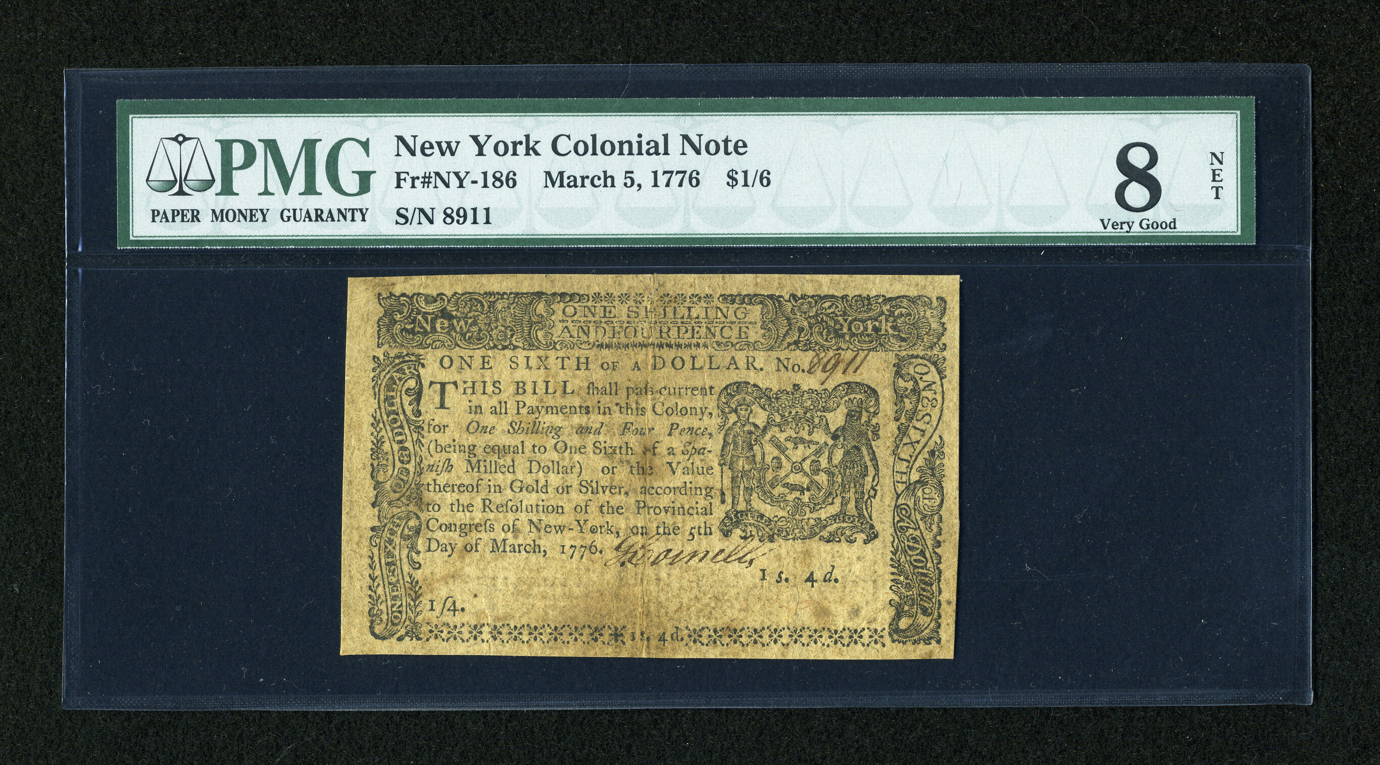 image for: New York March 5, 1776 $1/6 PMG Very Good 8 Net....