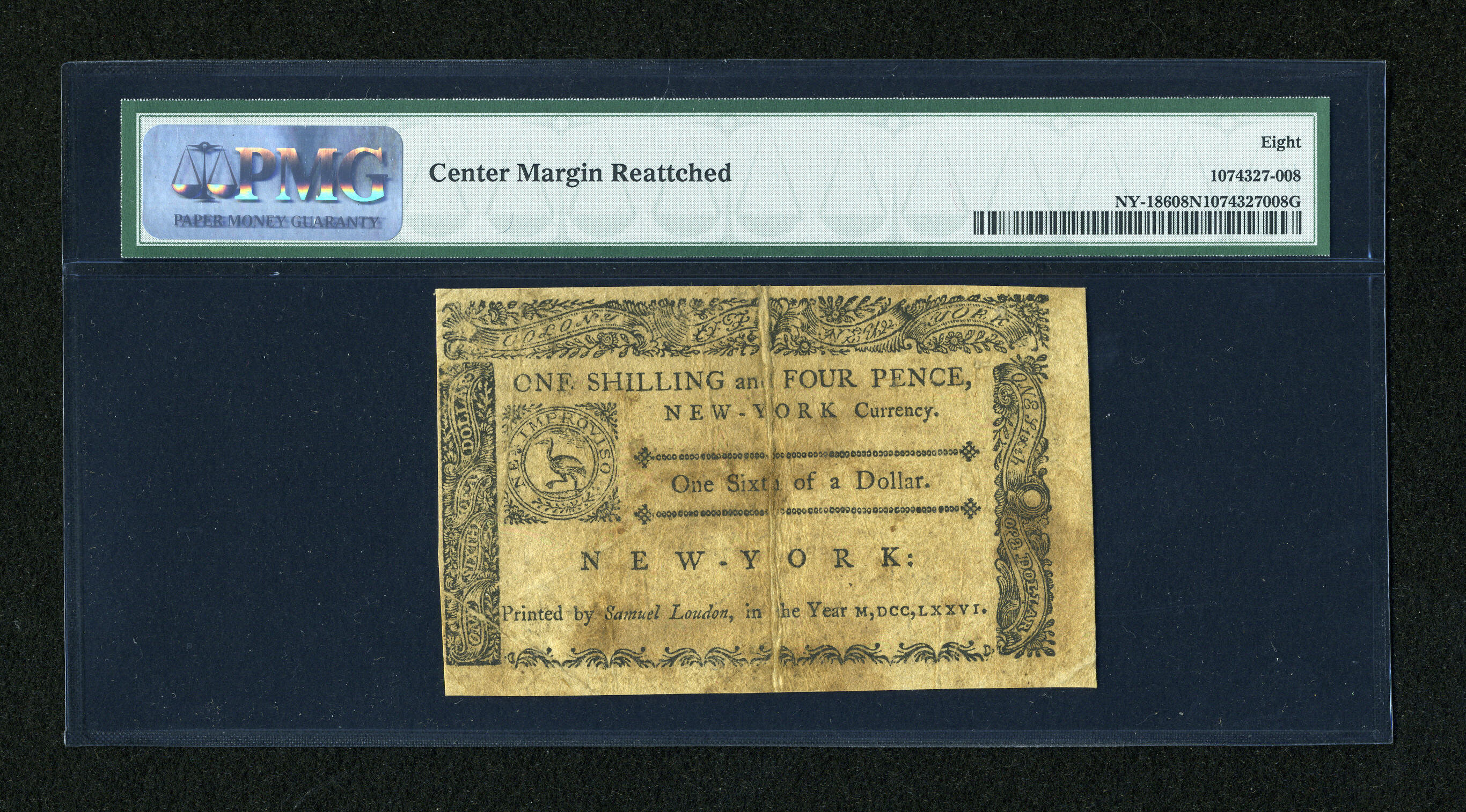 image for: New York March 5, 1776 $1/6 PMG Very Good 8 Net....