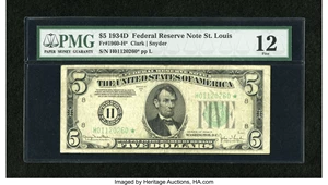 image for: Fr. 1960-H* $5 1934D Federal Reserve Note. PMG Fine 12....