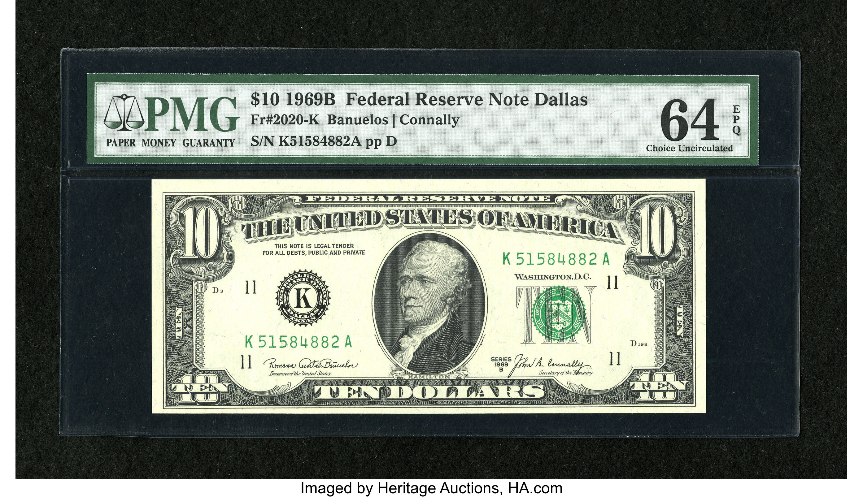 image for: Fr. 2020-K $10 1969B Federal Reserve Note. PMG Choice Uncirculated 64 EPQ....
