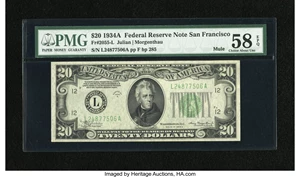 image for: Fr. 2055-L $20 1934A Mule Federal Reserve Note. PMG Choice About Unc 58 EPQ....