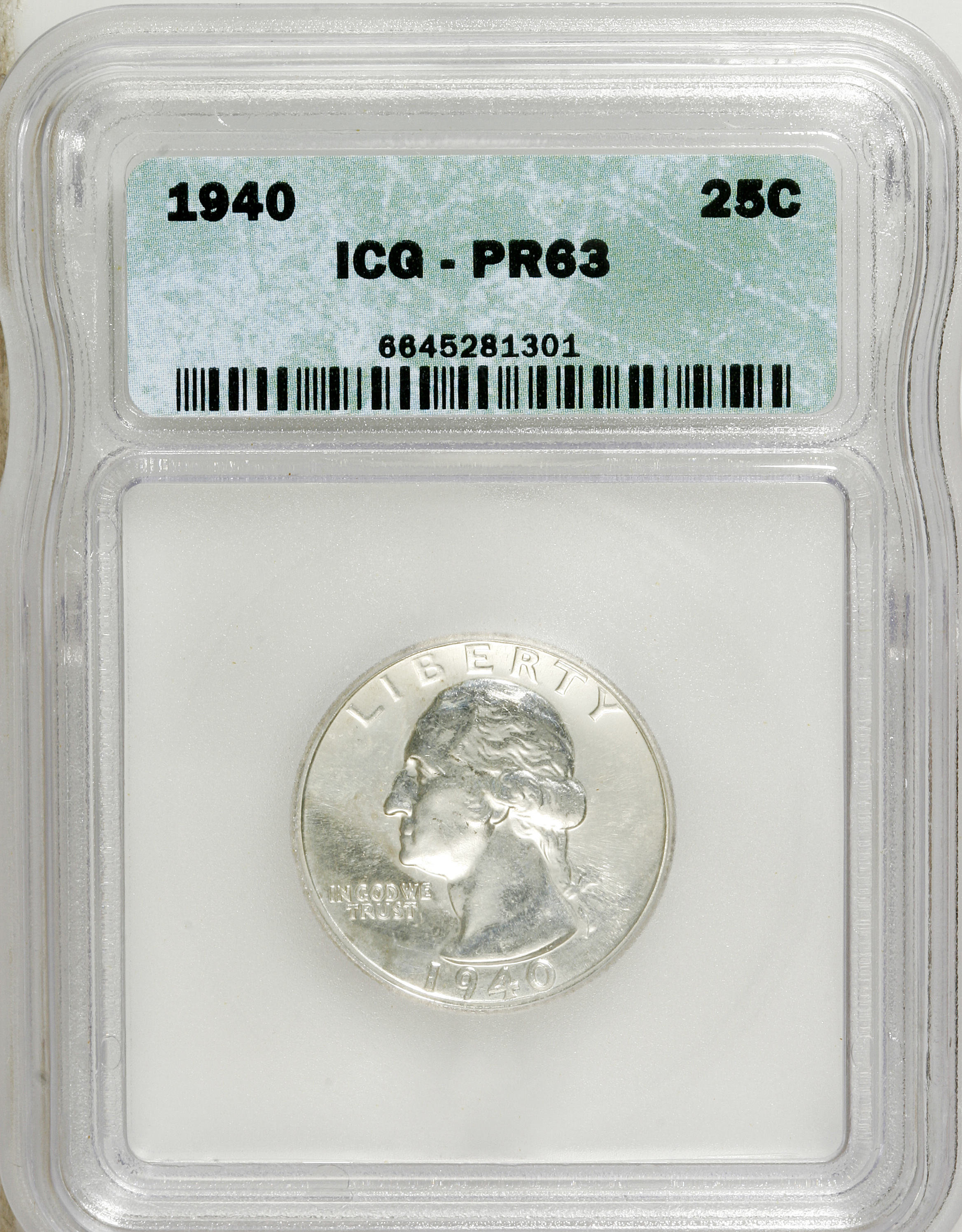 1940 25C PR63 ICG. NGC Census: (34/1206). PCGS Population (96/1801). Mintage: 11,246. Numismedia Wsl. Price for NGC/PCGS co...