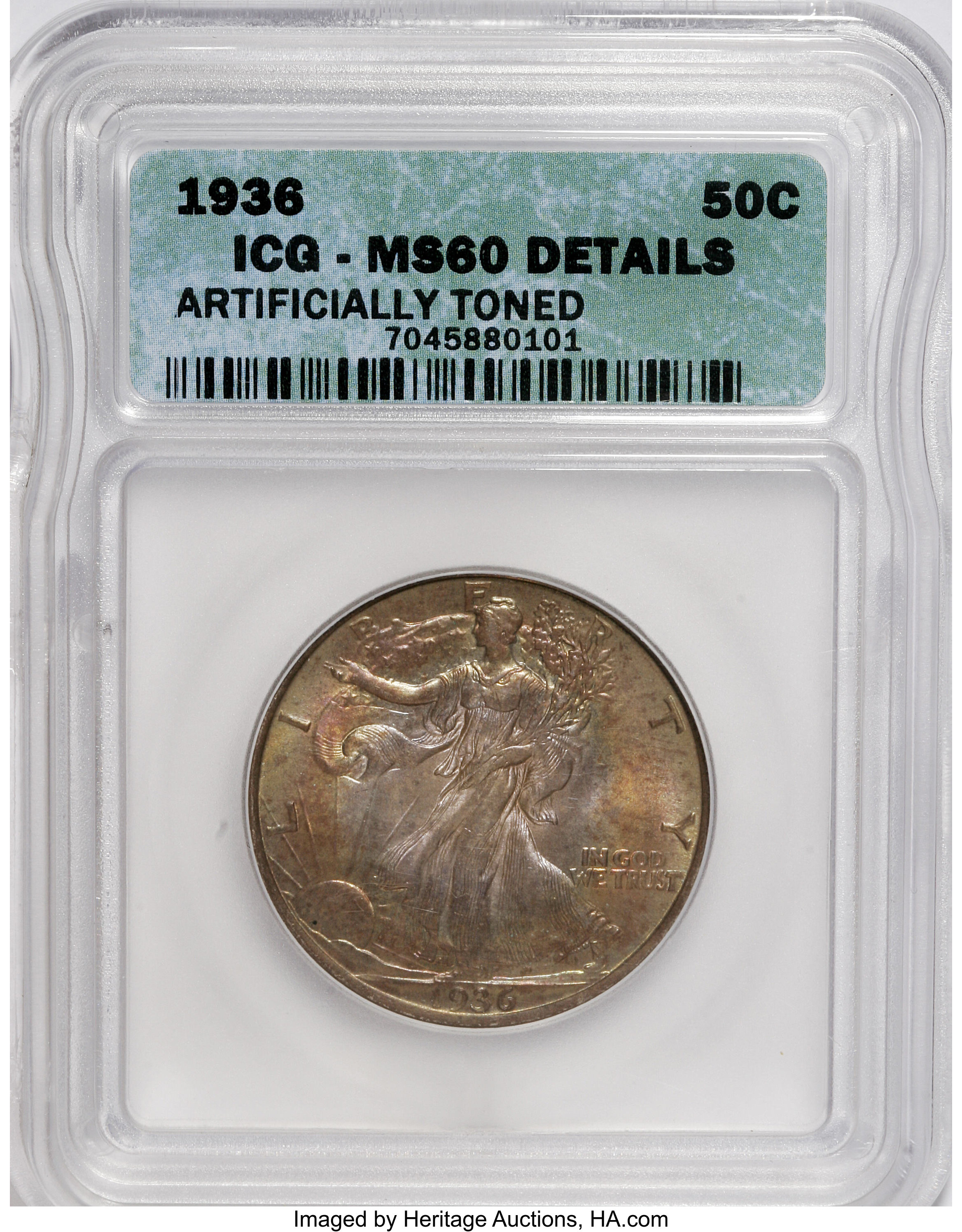 1936 50C --Artificially Toned--ICG. MS60 Details. NGC Census: (0/2622). PCGS Population (6/4639). Mintage: 12,617,901. Numis...
