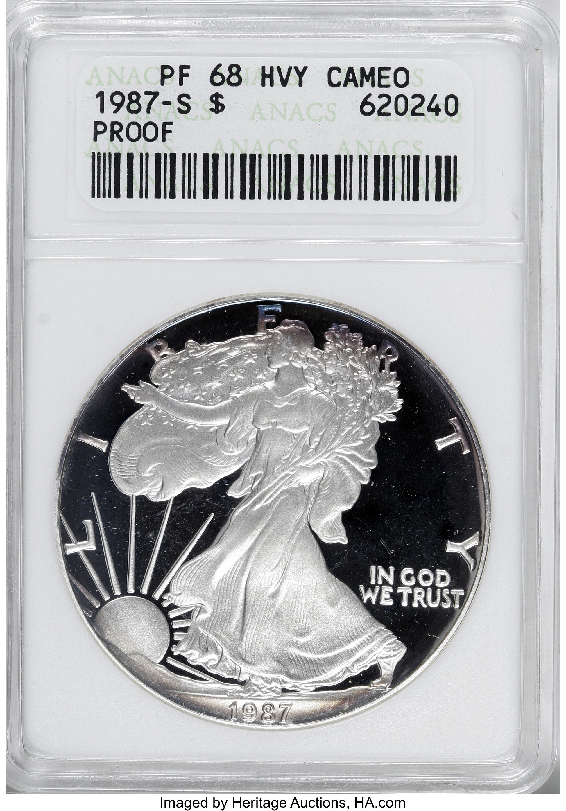 1987-S $1 Silver Eagle PR68 Heavy Cameo ANACS. NGC Census: (192/11555). PCGS Population (454/4442). Mintage: 904,732. Numis...