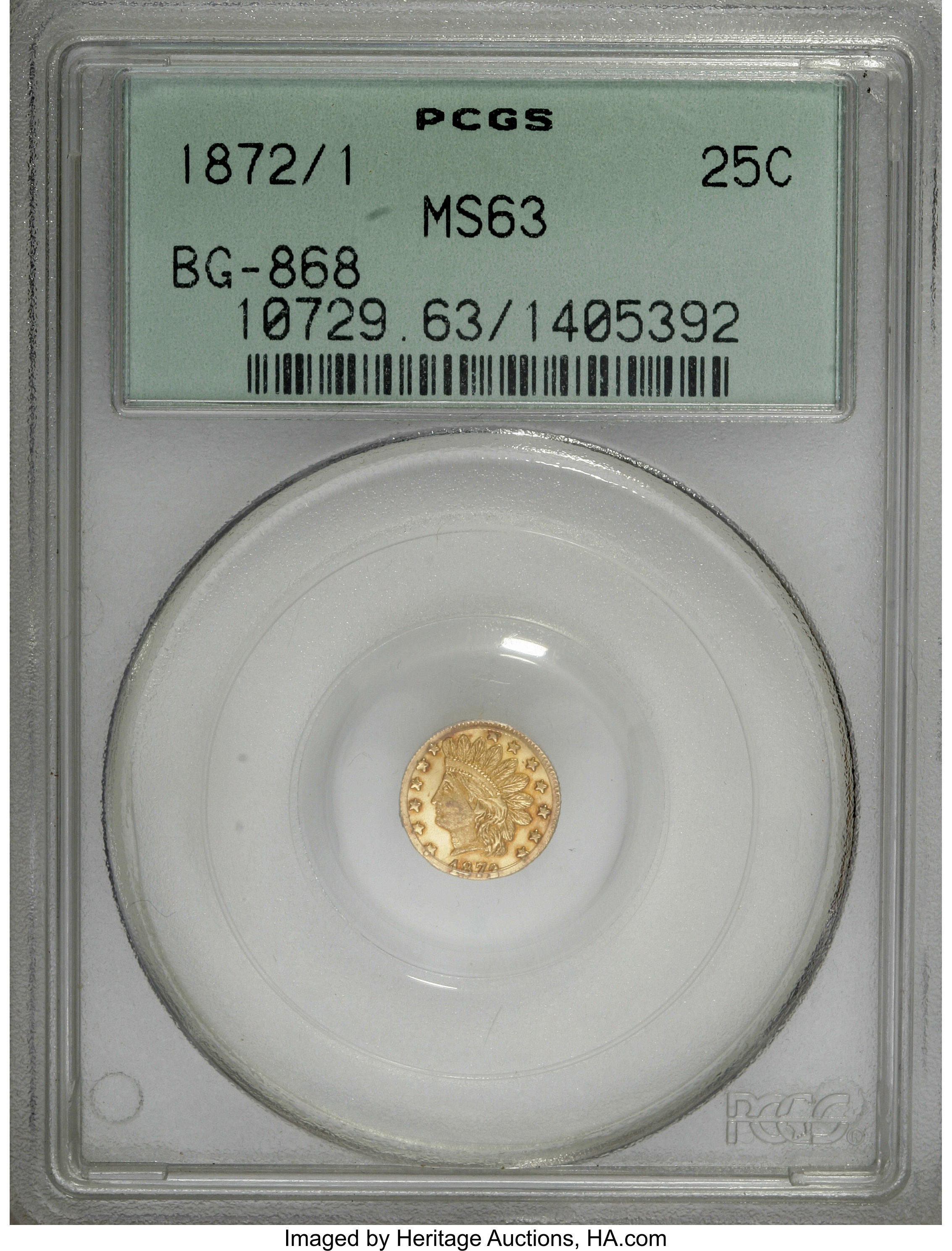 image for: 1872/1 25C Indian Round 25 Cents, BG-868, High R.4, MS63 PCGS. PCGS Population (10/31). NGC Census: (3/6).   (#10729)...