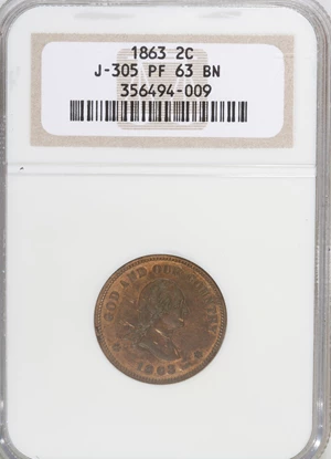 image for: 1863 2C Two Cents, Judd-305, Pollock-370, R.4, PR63 Brown NGC....