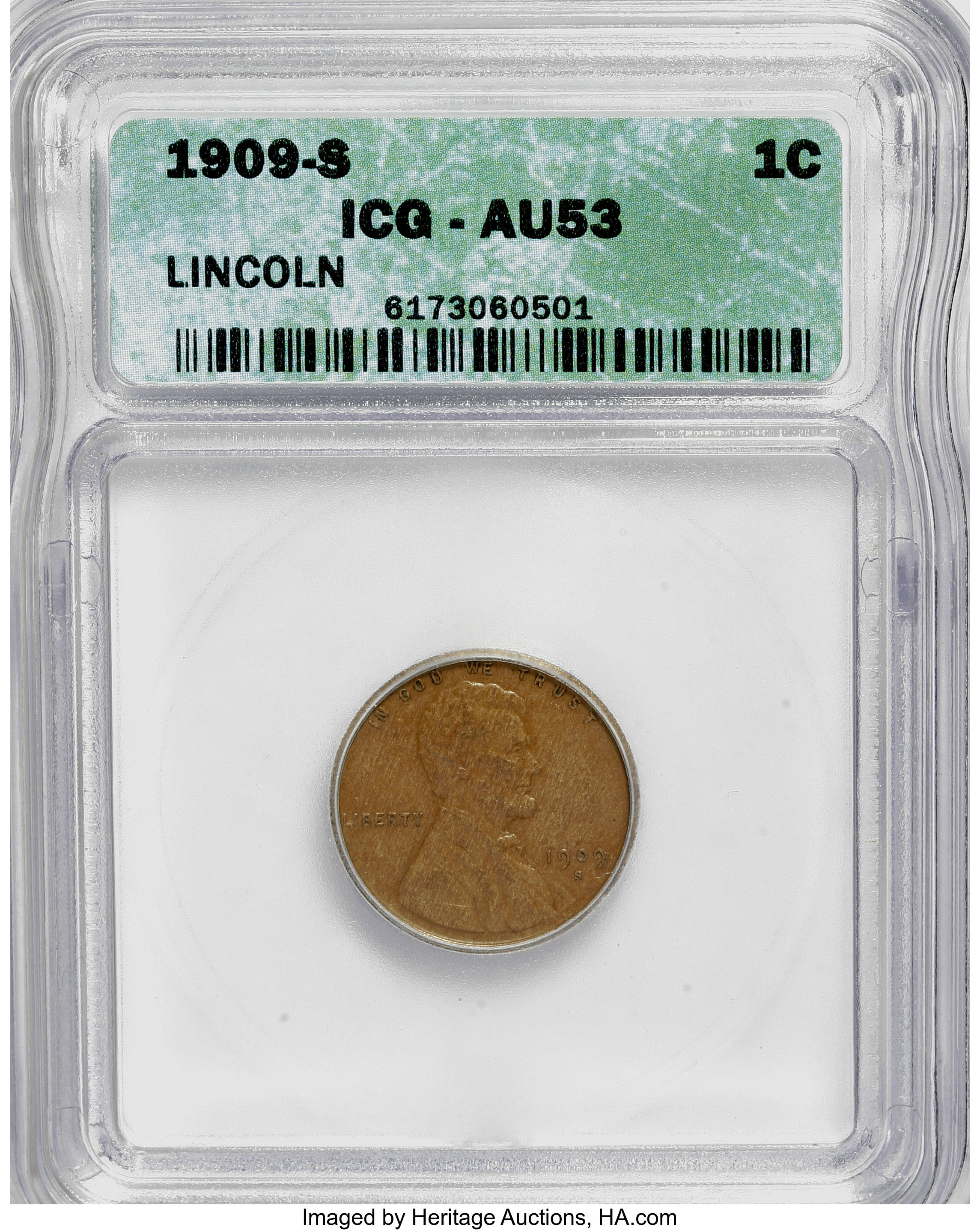1909-S 1C AU53 ICG. NGC Census: (0/396). PCGS Population (0/999). Mintage: 1,825,000. (#2434)...