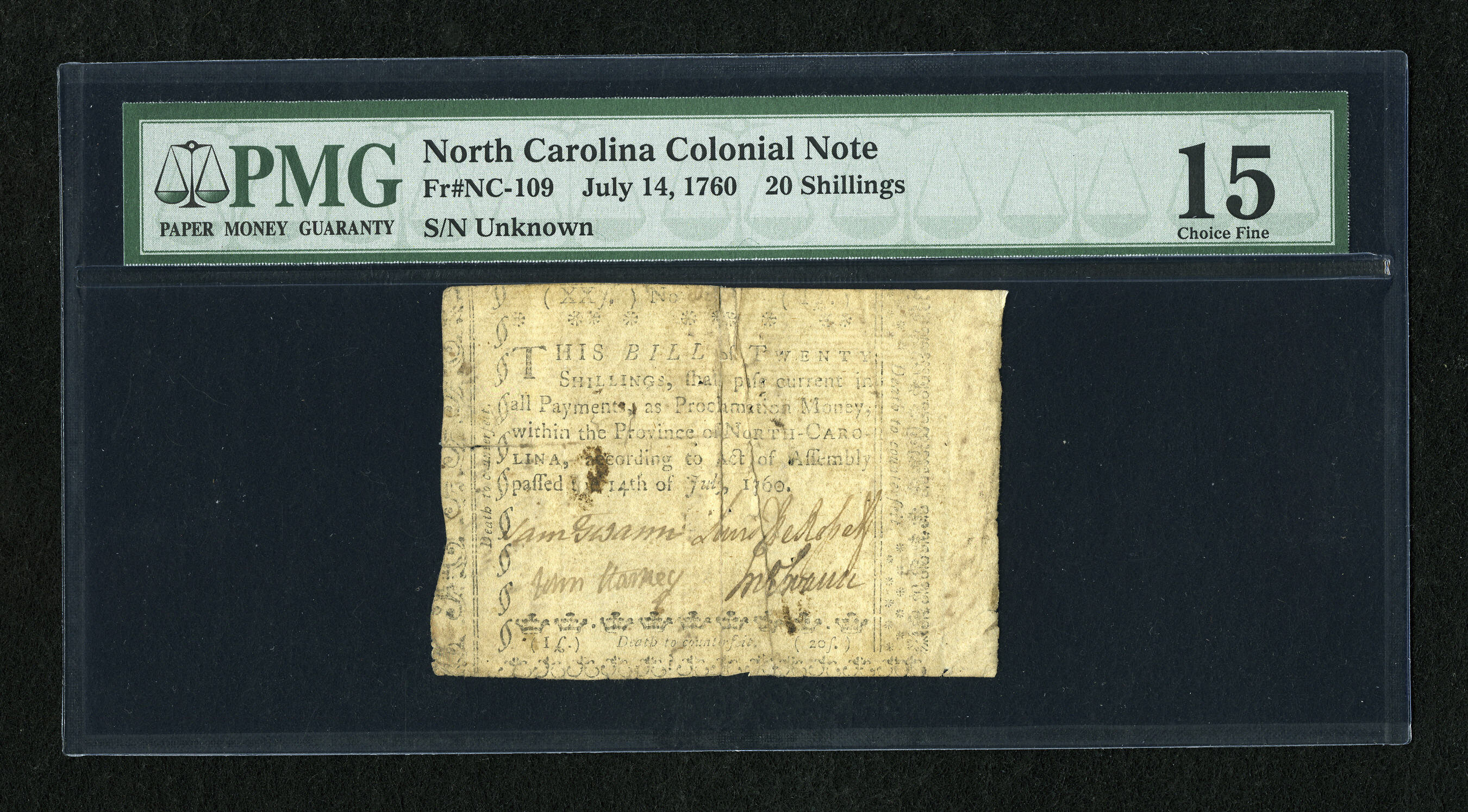 image for: North Carolina July 14, 1760 20s PMG Choice Fine 15....