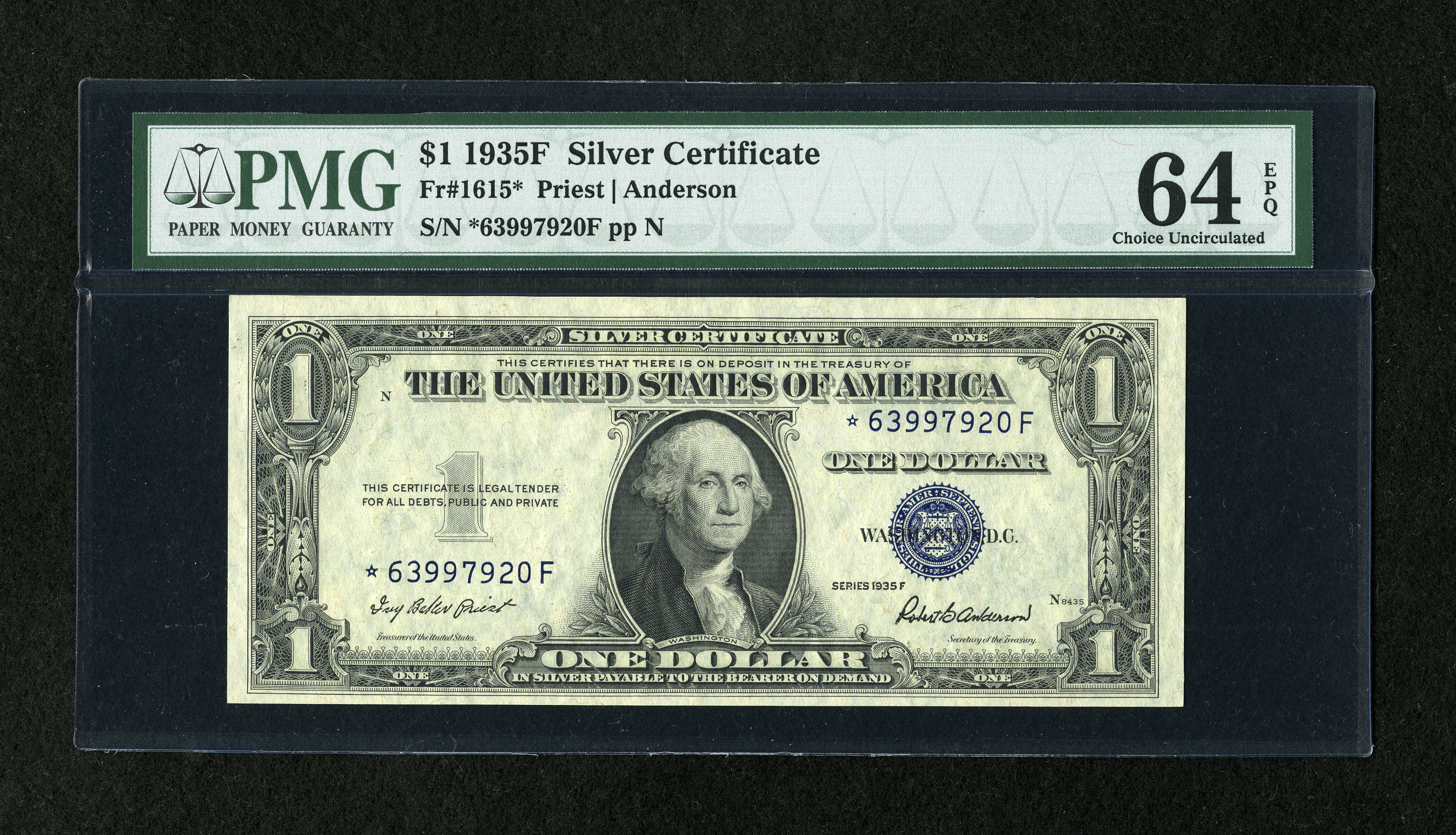 image for: Fr. 1615* $1 1935F Silver Certificate Star. PMG Choice Uncirculated 64 EPQ....