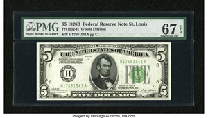 image for: Fr. 1952-H $5 1928B Dark Green Seal Federal Reserve Note. PMG Superb Gem Unc 67 EPQ....