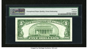 image for: Fr. 1952-H $5 1928B Dark Green Seal Federal Reserve Note. PMG Superb Gem Unc 67 EPQ....