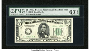 image for: Fr. 1960-L $5 1934D Federal Reserve Note. PMG Superb Gem Unc 67 EPQ....