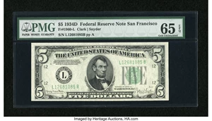 image for: Fr. 1960-L $5 1934D Federal Reserve Note. PMG Gem Uncirculated 65 EPQ....