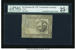 image for: Continental Currency February 26, 1777 $2 Blue Counterfeit Detector PMG Very Fine 25 Net....