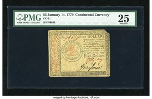 image for: Continental Currency January 14, 1779 $5 PMG Very Fine 25....