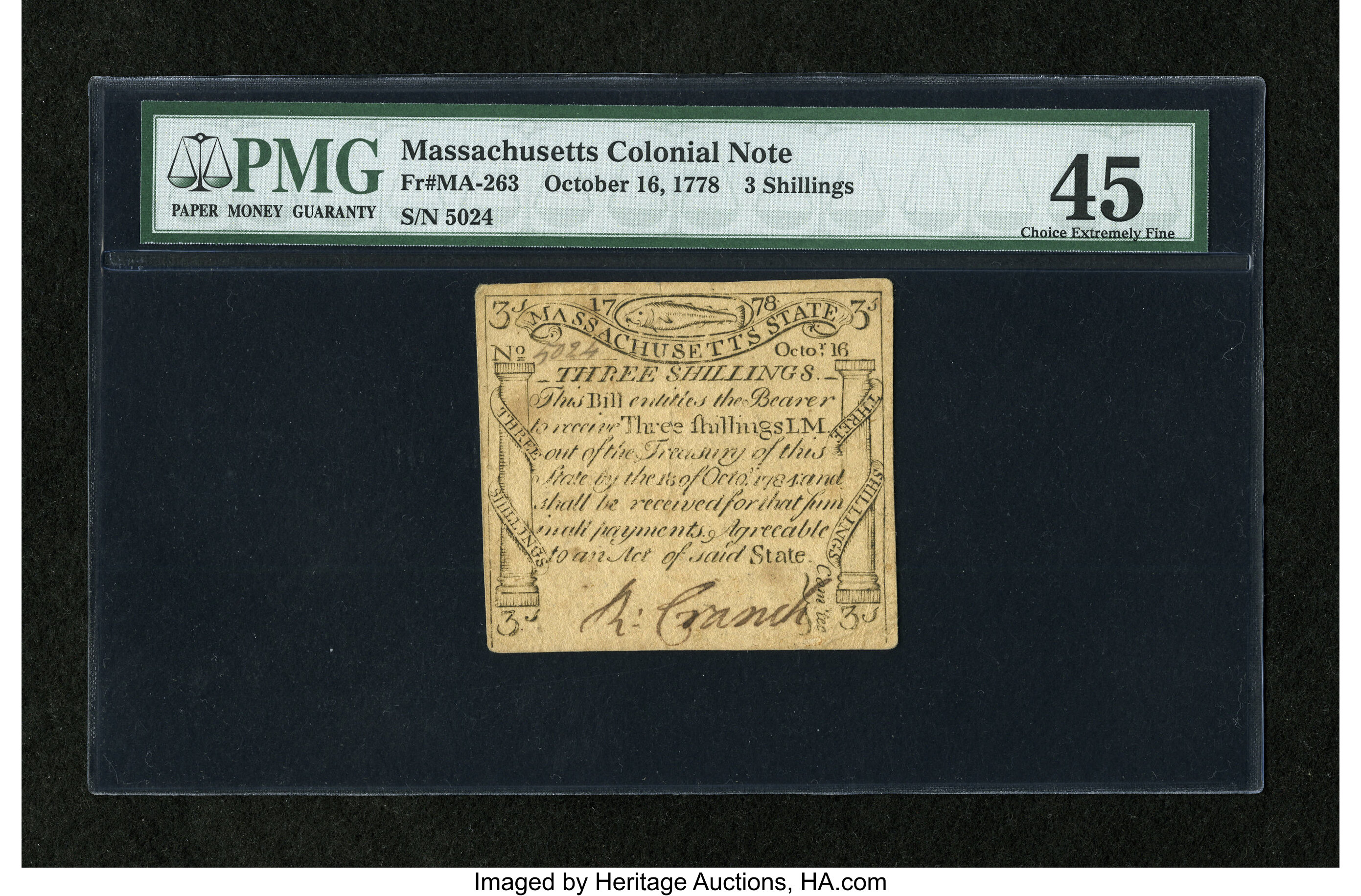 image for: Massachusetts October 16, 1778 3s PMG Choice Extremely Fine 45....