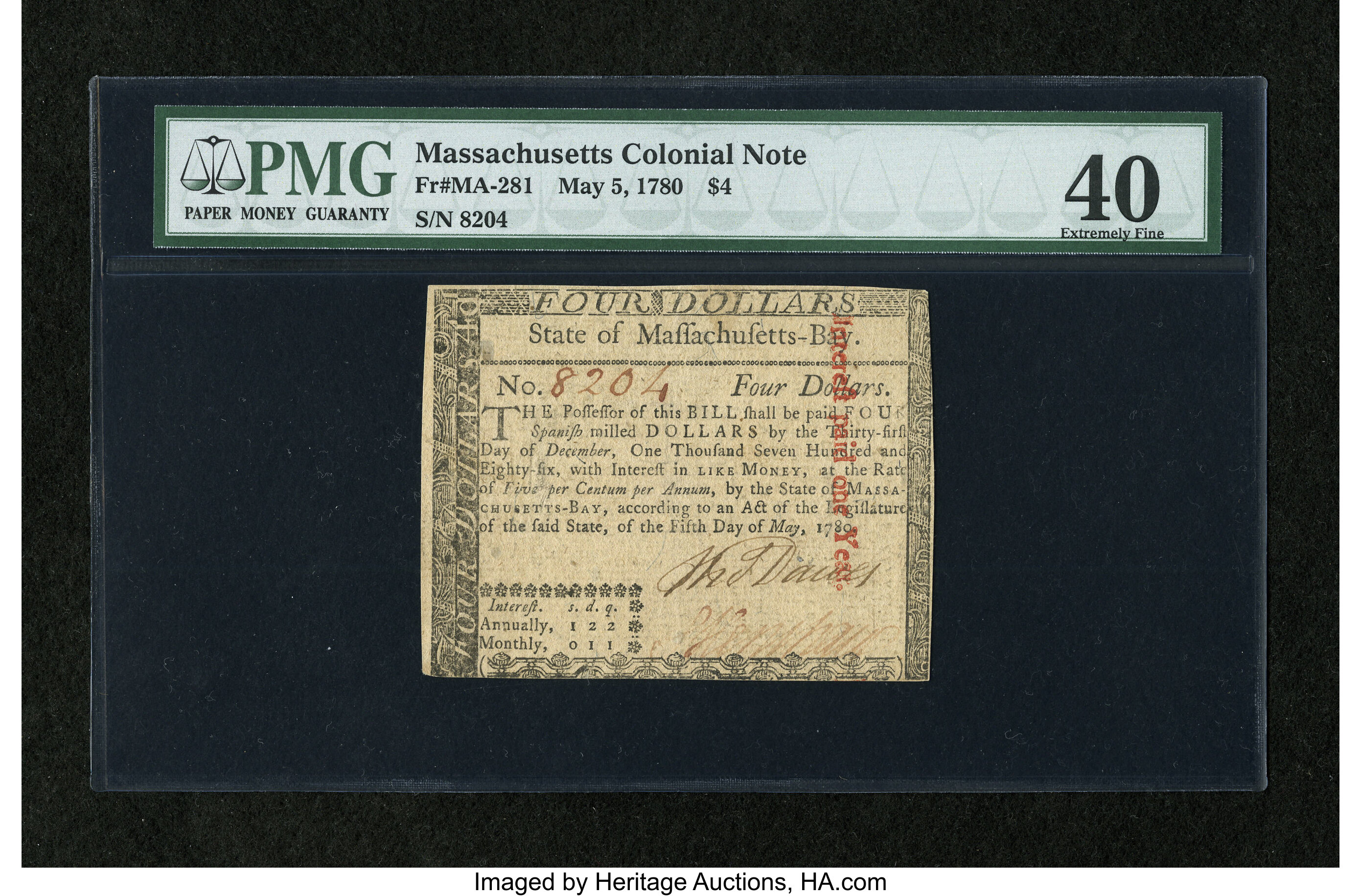 image for: Massachusetts May 5, 1780 $4 Uncancelled PMG Extremely Fine 40....